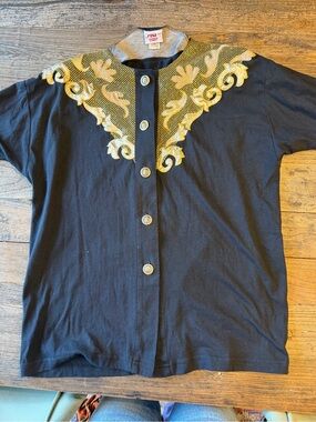 Vintage Black Button-Up Top with Gold Embellished Yoke
